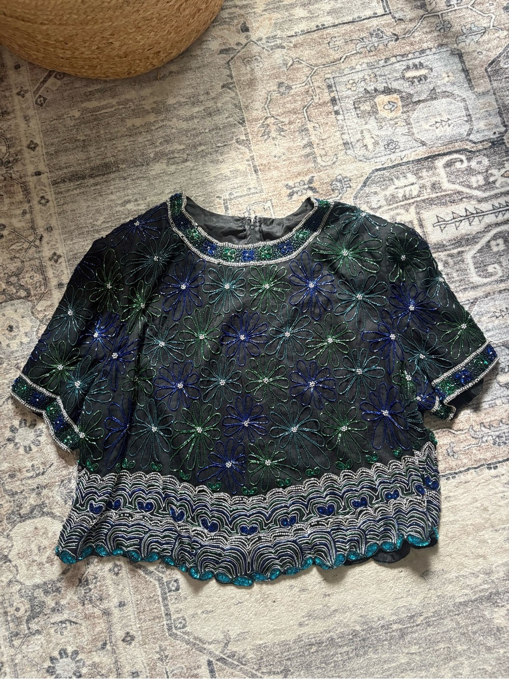 Vintage fully Beaded Floral Top Black Blue Green Sequin stunning Evening Blouse